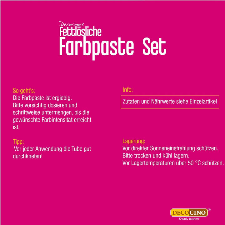 Decocino Pastă de colorare liposolubilă Set de 6 – 6 x 15 g – Coloranți alimentari în roșu, alb, verde, galben, albastru și negru, ideali pentru colorarea prăjiturilor, fondantului și cremelor – Fără azo și gluten