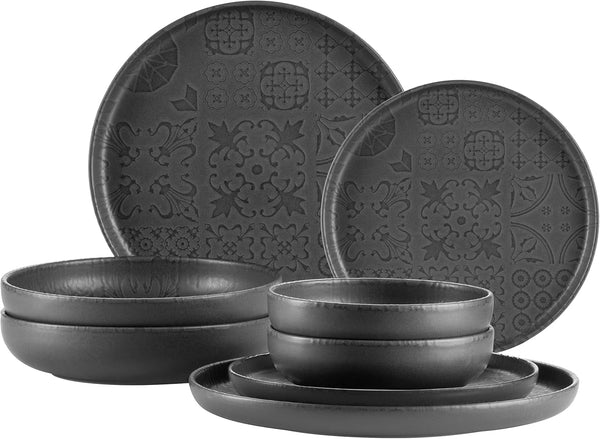 MÄSER 934064 Serie Tiles Modernes Vintage Geschirr Set Für 2 Personen in Maurischem Design Mit Mattglasur, 8-Teiliges Tafelservice Mit Tellern Und Schalen Aus Hochwertiger Keramik, Steinzeug, Schwarz Seturi vesela masa Naty Shop Default Title