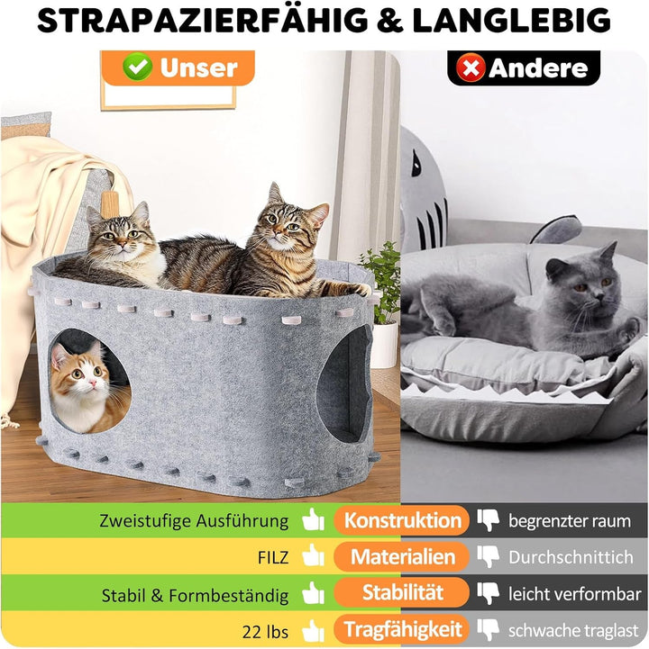 Peșteră pentru pisici din fetru, pat pentru pisici, casă pentru pisici cu 2 straturi pentru pisici Four Seasons, casă durabilă pentru pisici de interior pentru pisici mari, rezistentă la iarnă, 58A x 33L x 30Îcm, gri
