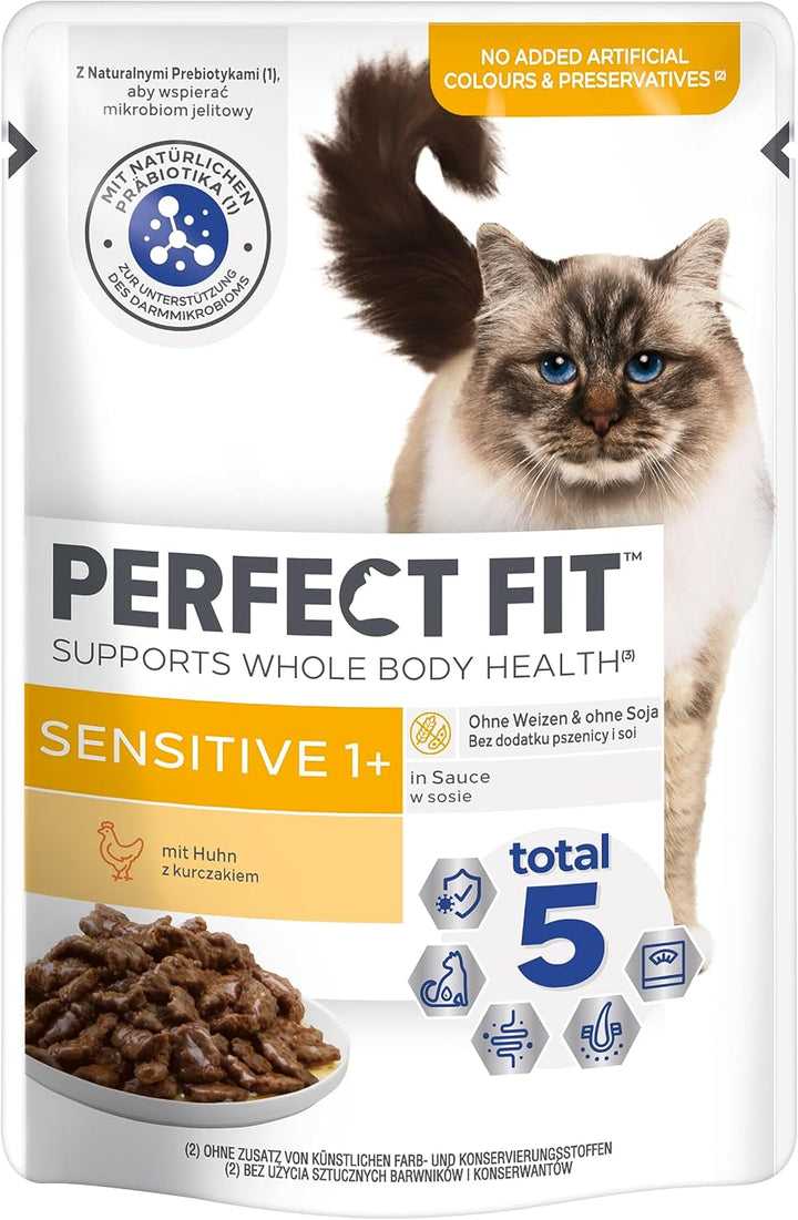 Perfect Fit Sensitive 1+ hrană umedă pentru pisici cu pui în sos, 12 pungi porție, 12X85G - Hrană umedă premium pentru pisici, Pentru pisici sensibile de la 1 an, Fără grâu și soia, Pentru susținerea digestiei