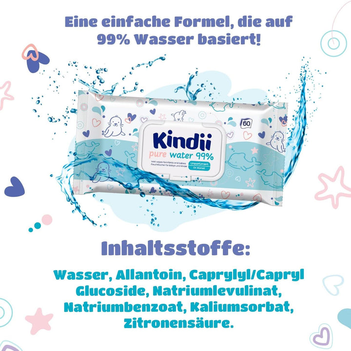 Kindii Șervețele umede pentru bebeluși și copii - Alantoină - Fără parfum - Testat dermatologic - Pentru piele sensibilă Servetele Umede Bebelusi Naty Shop
