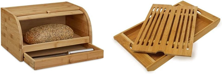Relaxdays Coș de pâine rulant cu sertar, bambus, HxLxP: 21 x 40,5 x 28 cm, lemn, natural & placă de tăiat pâine din bambus aprox. 3 x 37 x 21,5 cm Placă de tăiat cu tavă pentru firimituri pentru curățare ușoară natural Cutii depozitare alimente Naty Shop Pachet cu placă de tăiat pâine 3X37X21,5 cm