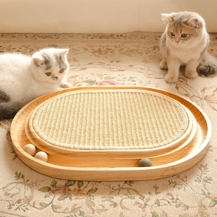 Placă de zgâriat din sisal - Jucărie 2 în 1 pentru pisici, lemn masiv de pin și pernă de sisal natural și bile de catnip - Covoraș de zgâriat 43 x 33 x 3 cm pentru toate pisicile, pentru a se juca și relaxa