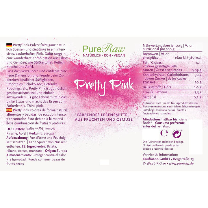 Pretty Pink Natürliche Lebensmittelfarbe Pulver Rosa (Roh Vegan) Pastell Rose Bis Intensiv Rosa-Rot - Essbare Farbe Für Lebensmittel Aus Früchten Und Gemüse - Natural Food Coloring | Pureraw 5G Naty Shop