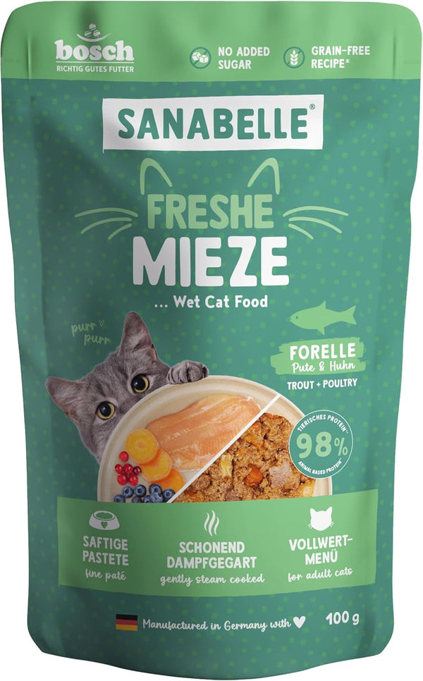 Sanabelle Freshe Mieze - Păstrăv, curcan și pui | Pungi de 100 g complet reciclabile | Hrană umedă gătită cu aburi pentru pisici | Hrană pentru pisici ca proaspăt gătită | O marcă Bosch Pet Food