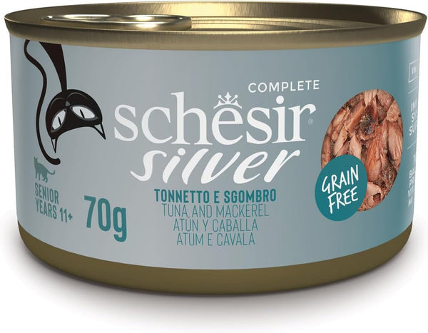 Silver, aromă de ton și macrou, hrană umedă completă pentru pisici în vârstă (12 cutii a 70 g)
