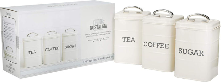 KitchenCraft Living Nostalgia set de 3 borcane de depozitare pentru ceai, zahăr și cafea, în cutie cadou, oțel, Antique Cream , 11 cm x 11 cm x 17 cm, Vintage Blue Cutii depozitare alimente Naty Shop