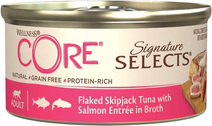 Wellness CORE Signature Selects Fish Bundle, 48 X 79G, fulgi de bonito și creveți, fulgi de bonito și somon, hrană umedă pentru pisici adulte în bulion, fără zahăr adăugat, fără cereale, cu conținut ridicat de carne