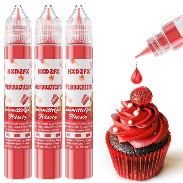 Colorant alimentar - Colorant alimentar lichid, Colorant alimentar foarte concentrat, Coloranți alimentari lichizi pentru copt, Decorare tort, Fursecuri, Macarons, Ouă de Paște, Aluat - 3 × 30ml (Roșu de Crăciun)