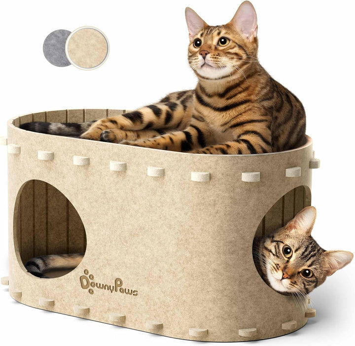 Peșteră pentru pisici Downypaws din fetru, pat pentru pisici cu 2 niveluri, căsuță tip castel pentru joacă, design cald, protecție pentru unghiile pisicii, bej