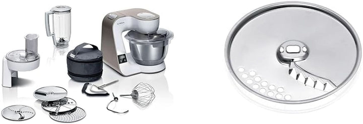 Robot de bucătărie Bosch Seria 4 MUM5X720, cântar integrat, bol din oțel inoxidabil 3.9L, mixer 1.25L, 1000W Accesorii Hrana si Alaptare Bebe Naty Shop Pachet cu disc Alb Sampanie 2 accesorii