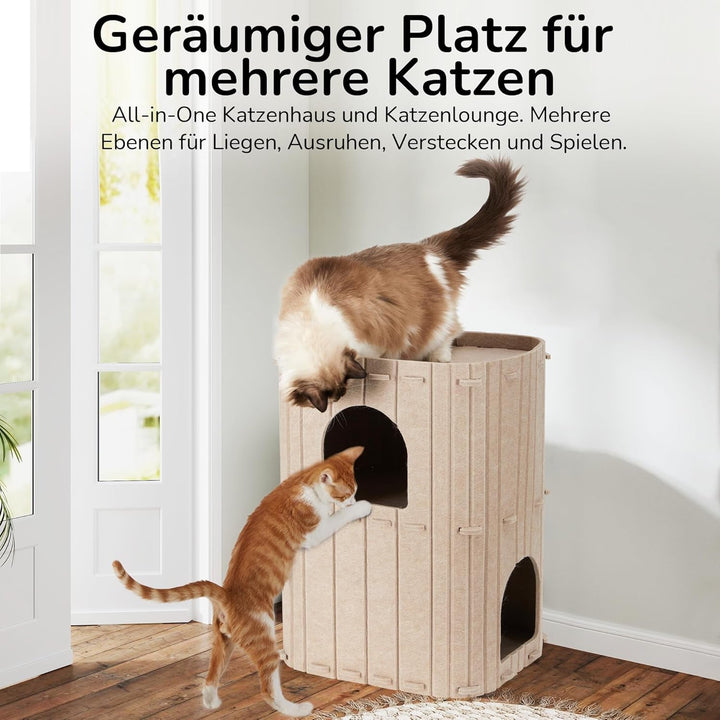 FUKUMARU Peșteră pentru pisici, Peșteră robustă din fetru de înaltă calitate, Căsuță pentru pisici de interior, Pat pentru pisici cu 3 straturi, Peșteră pentru pisici pentru dormit, joacă și ascundere, Peșteră din fetru, Bej, 45 x 37 x 60 cm, Mare