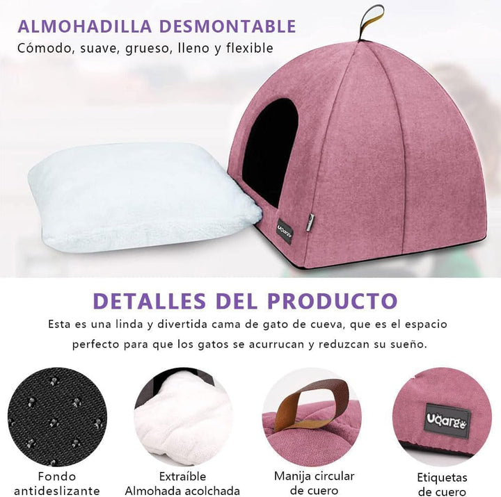 Pat pentru pisici, Peșteră moale pentru pisici, Pat pentru pisici din pluș moale și cald, Cuib pentru pisici cu pernă interioară detașabilă și lavabilă, Roz, M