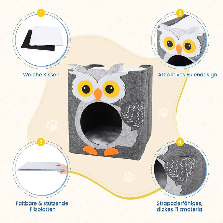 Dripex Peșteră pentru Pisici, Căsuță din Fetru cu 2 Niveluri, Inclusiv Pernă, Peșteră Pufoasă pentru Pisici, unde pot Dormi, Se Ascunde și Se Joacă, 30 x 35 x 35 cm (Bufniță)