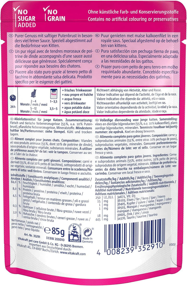 Vitakraft Poésie Délice, Junior, hrană umedă pentru pisici, hrană umedă în sos, cu curcan, preambalată, pentru pisici tinere, fără adaos de zahăr și cereale (23X 85G)