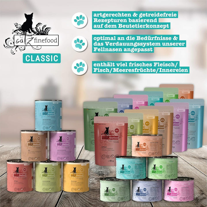 Catz Finefood N° 21 Game & Redfish Delicatessen Hrană umedă pentru pisici, rafinată cu cartofi și afine, cutii de 6 X 800G