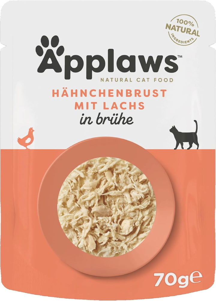 Applaws 100% hrană umedă naturală pentru pisici, piept de pui cu somon în bulion - pachet cu 12 pungi de 70G X