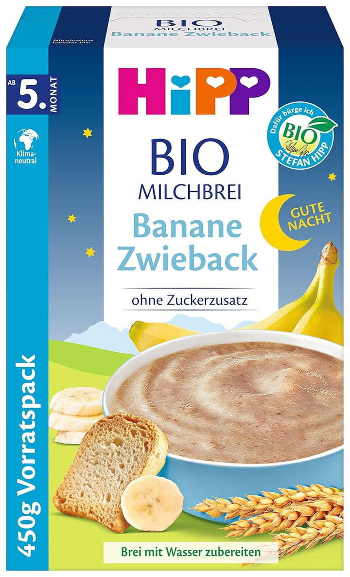 Hipp terci de lapte organic fără adaos de zahăr, semolina si banana, pachet de stocare (4X450 grame) Mama si Copilul Naty Shop 4 x 450 grame Banana Rusk