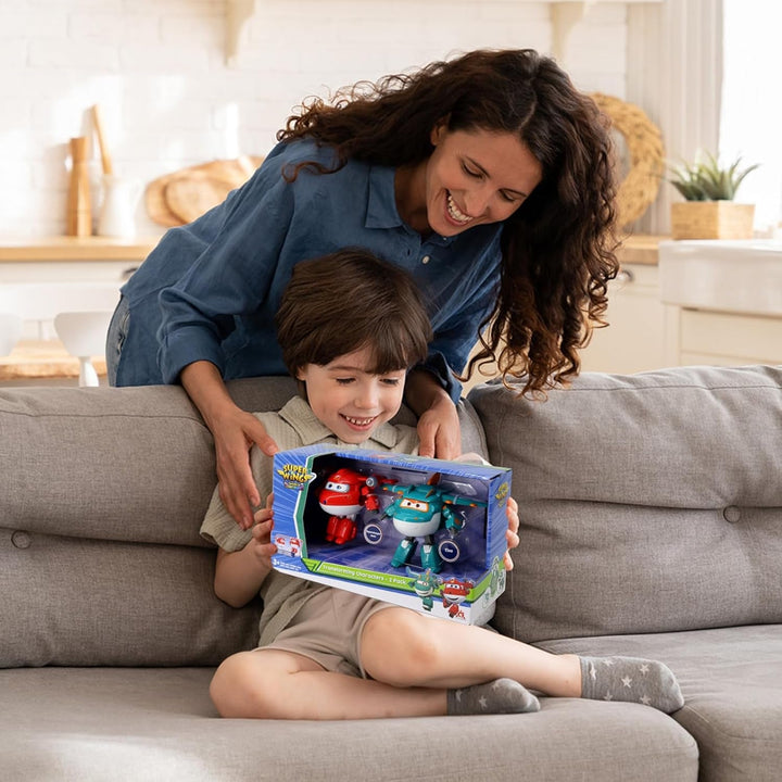 Super Wings 5" Transforming Characters 2-Pack Transforming Supercharged Jett + Tino, jucărie Transformer pentru băieți și fete de peste 3 ani, roșu Action figures Naty Shop