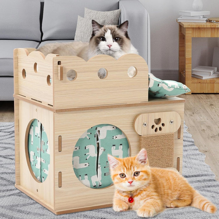 Căsuță din lemn pentru pisici cu covoraș moale, stivuibilă, pliabilă, cub pentru pisici, combinație de cățărat pentru pisici, cu îmbinare spațială