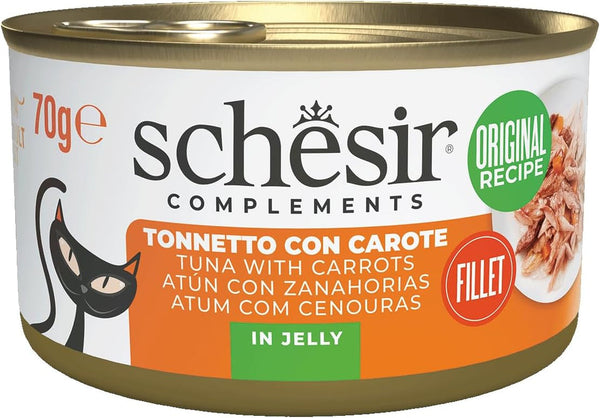 , File de ton cu morcovi în jeleu, Hrană umedă complementară pentru pisici, Rețetă originală, 100% naturală, 12 cutii la 70 G