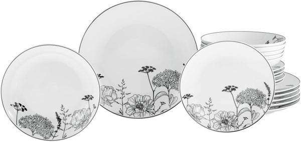 Creatable, 22673, Serie Luna Black Flower, 18-Teiliges Geschirrset Für 6 Personen, Teller Set Aus Porzellan, Spülmaschinen- Und Mikrowellengeeignet, Qualitätsproduktion Seturi vesela masa Naty Shop Default Title