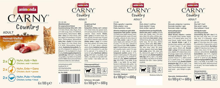 Carny Country Cat Food Wet Home Mix (6 X 100G), hrană umedă pentru pisici de la Animonda fără cereale și zahăr, cu ingrediente din carne proaspătă