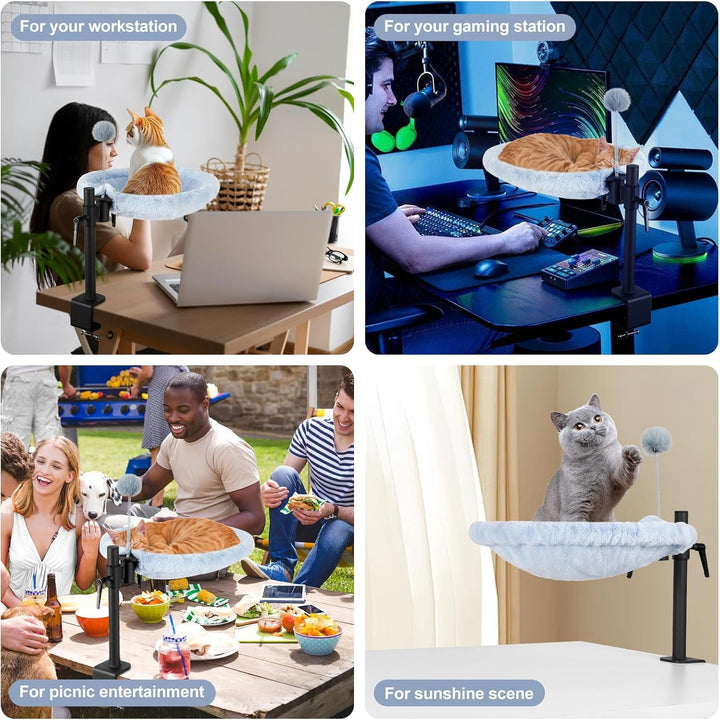 Pat pentru pisici Odoland pentru birou - Rotativ la 360° și reglabil pe înălțime, Hamac moale pentru pisici cu 2 huse lavabile, Loc de dormit pentru pisici la birou - Utilizare pe tot parcursul anului (Gri)