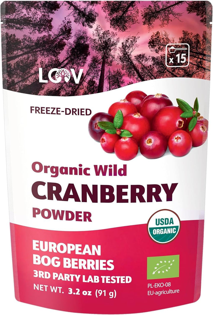 LOOV pulbere organică de afine, fabricată din afine sălbatice 100% întregi, liofilizate, recoltate în pădurile din nordul Europei, 113 g, fără zahăr adăugat Produse deshidratate Naty Shop 91 G Pulbere de merișor