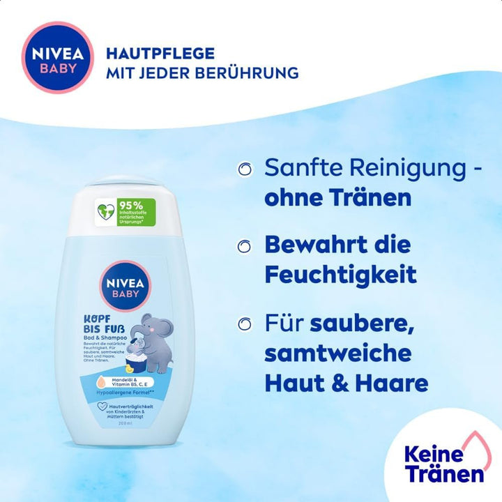 NIVEA BABY head to toe bath & shampoo, șampon blând vegan pentru copii pentru piele și păr cu ulei de migdale, gel de duș relaxant cu formulă hipoalergenică fără parabeni și microplastice (200 ml) Copii - Baie si Skincare Naty Shop